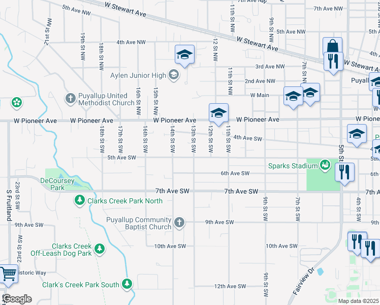 map of restaurants, bars, coffee shops, grocery stores, and more near 430 13th Street Southwest in Puyallup