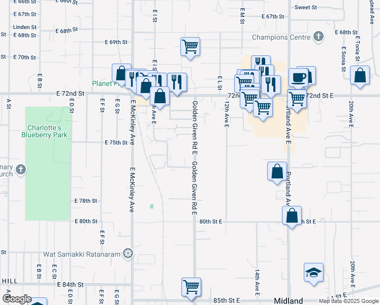 map of restaurants, bars, coffee shops, grocery stores, and more near 7521 10th Avenue Court East in Tacoma