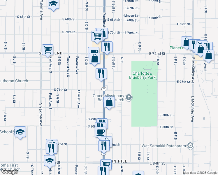 map of restaurants, bars, coffee shops, grocery stores, and more near 7444 South Bell Street in Tacoma