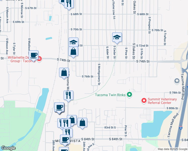 map of restaurants, bars, coffee shops, grocery stores, and more near 7447 South Lawrence Street in Tacoma