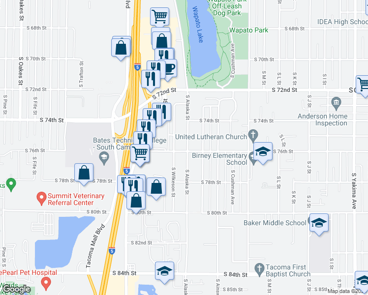 map of restaurants, bars, coffee shops, grocery stores, and more near 7374 South Alaska Street in Tacoma