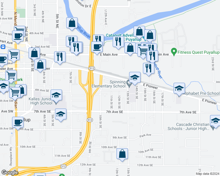 map of restaurants, bars, coffee shops, grocery stores, and more near 1026 4th Avenue Southeast in Puyallup