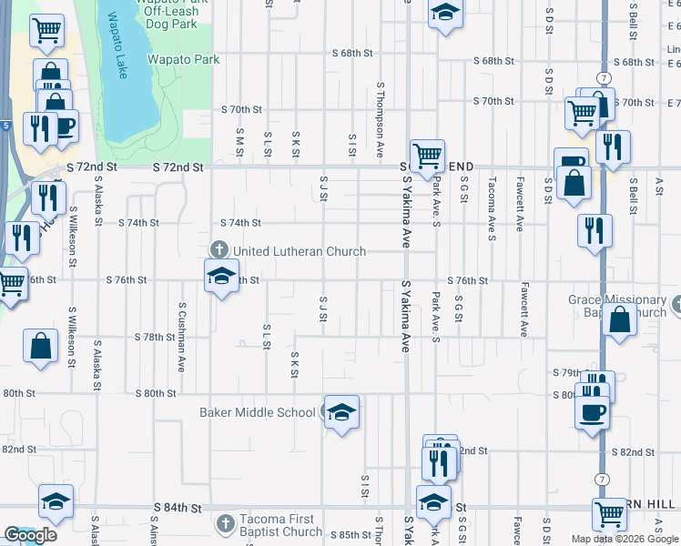 map of restaurants, bars, coffee shops, grocery stores, and more near 915 South 76th Street in Tacoma