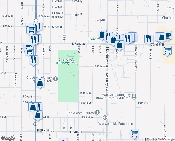 map of restaurants, bars, coffee shops, grocery stores, and more near 7515 East E Street in Tacoma