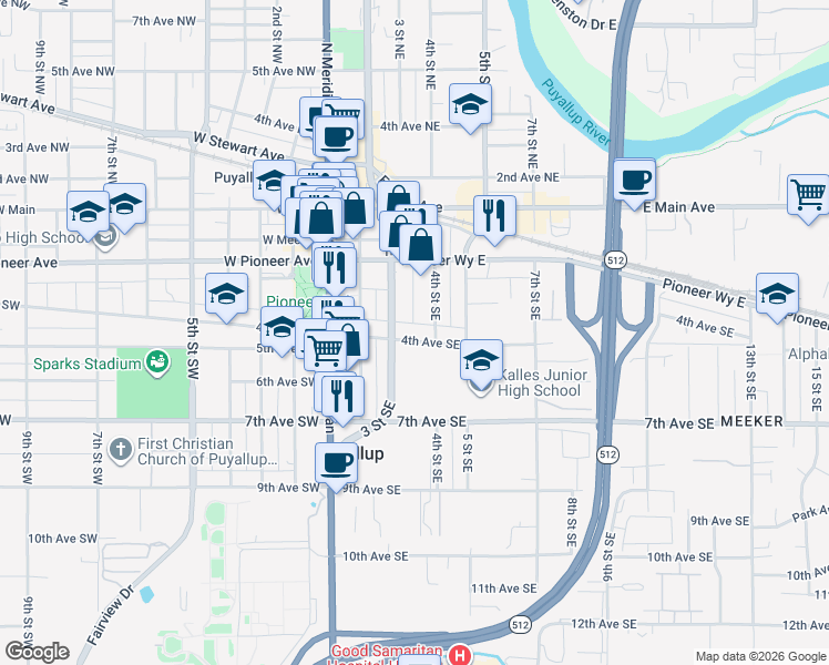map of restaurants, bars, coffee shops, grocery stores, and more near 315 4th Avenue Southeast in Puyallup