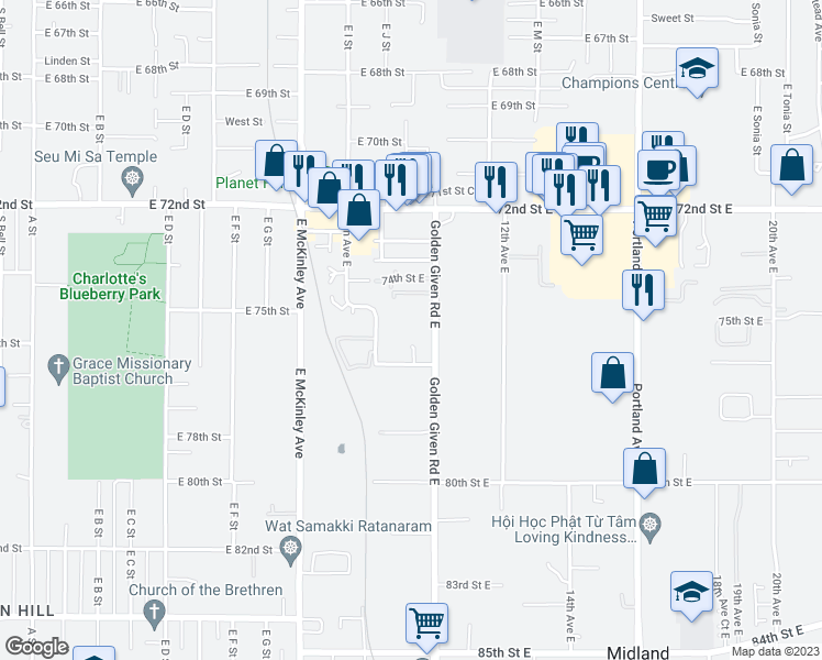 map of restaurants, bars, coffee shops, grocery stores, and more near 7521 10th Avenue Court East in Tacoma