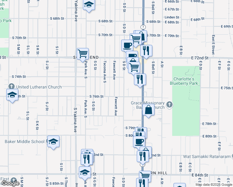 map of restaurants, bars, coffee shops, grocery stores, and more near 7443 Fawcett Avenue in Tacoma