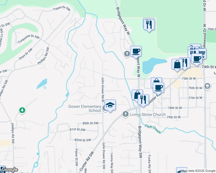 map of restaurants, bars, coffee shops, grocery stores, and more near 7527 John Dower Road West in Lakewood