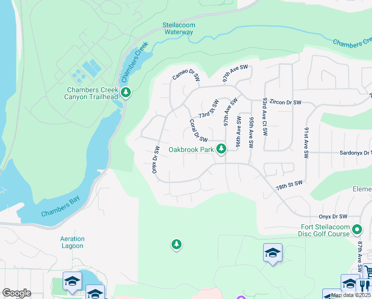 map of restaurants, bars, coffee shops, grocery stores, and more near 9809 76th Street Southwest in Tacoma