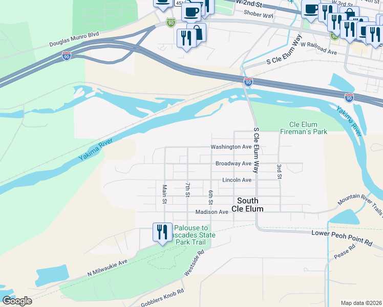 map of restaurants, bars, coffee shops, grocery stores, and more near 716 Broadway Avenue in South Cle Elum