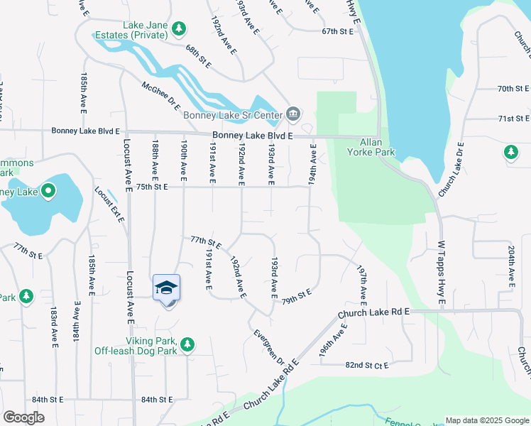 map of restaurants, bars, coffee shops, grocery stores, and more near 7513 193rd Avenue East in Sumner
