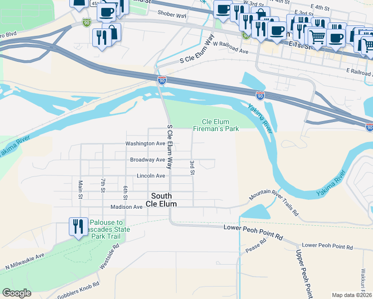 map of restaurants, bars, coffee shops, grocery stores, and more near 329 Washington Street in Cle Elum