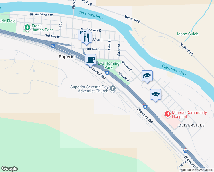 map of restaurants, bars, coffee shops, grocery stores, and more near Railroad Road in Superior