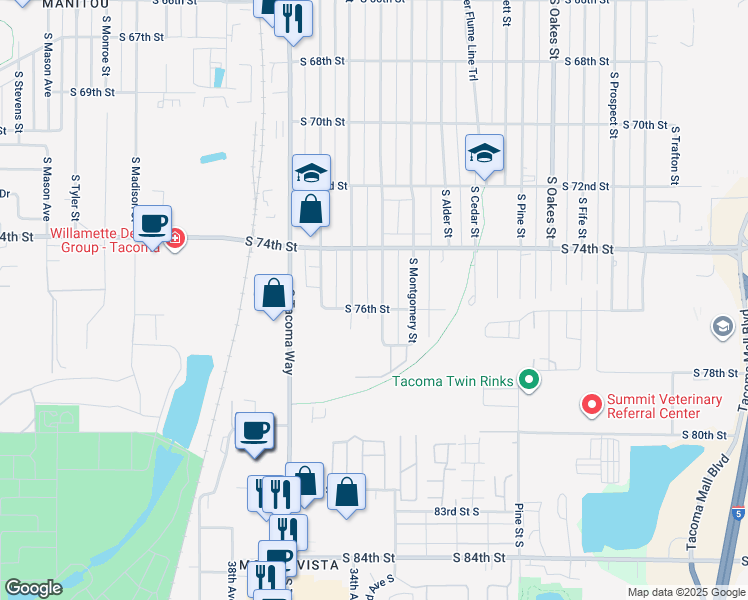 map of restaurants, bars, coffee shops, grocery stores, and more near 7447 South Lawrence Street in Tacoma