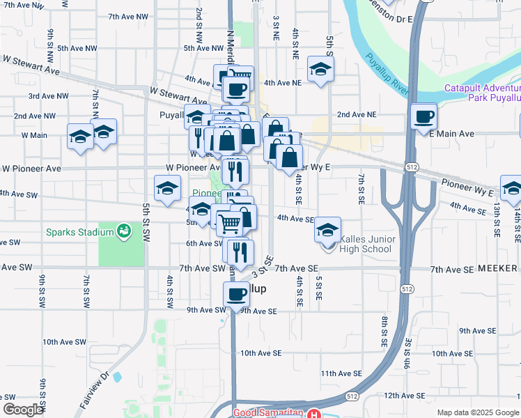 map of restaurants, bars, coffee shops, grocery stores, and more near 207 4th Avenue Southeast in Puyallup