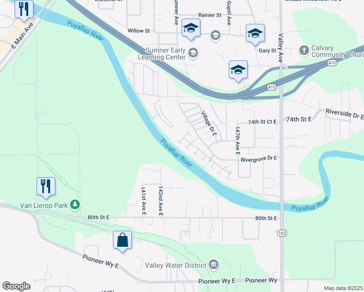 map of restaurants, bars, coffee shops, grocery stores, and more near 7417 144th Avenue East in Sumner