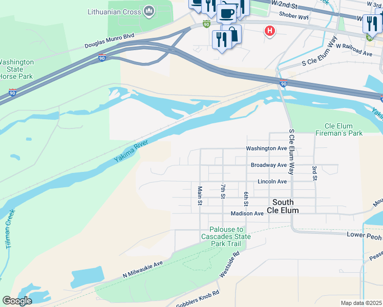 map of restaurants, bars, coffee shops, grocery stores, and more near 302 River Trail Drive in South Cle Elum