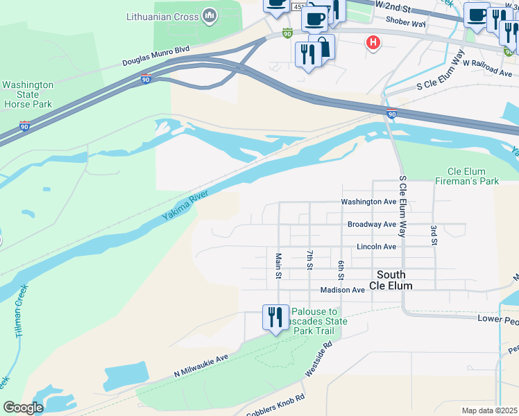 map of restaurants, bars, coffee shops, grocery stores, and more near 302 River Trail Drive in South Cle Elum