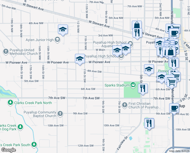 map of restaurants, bars, coffee shops, grocery stores, and more near 425 10th Street Southwest in Puyallup