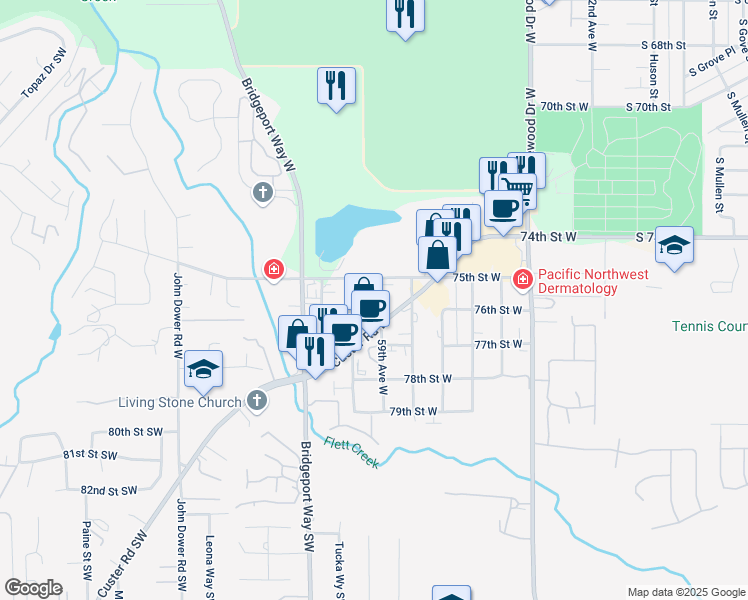 map of restaurants, bars, coffee shops, grocery stores, and more near 7518 59th Avenue West in Lakewood
