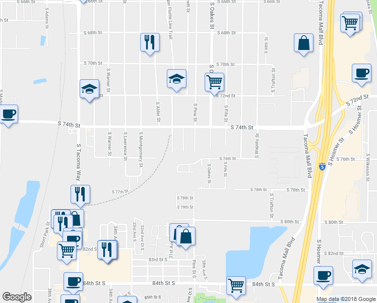 map of restaurants, bars, coffee shops, grocery stores, and more near 7440 South Pine Street in Tacoma