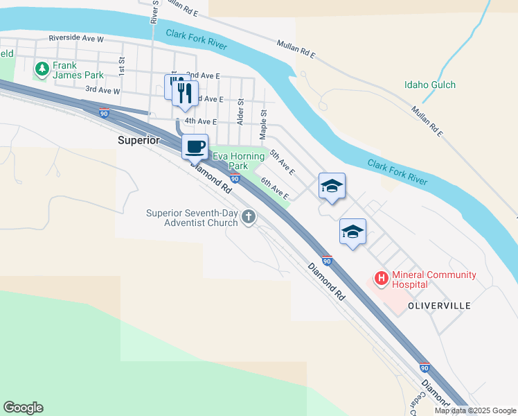 map of restaurants, bars, coffee shops, grocery stores, and more near Railroad Road in Superior