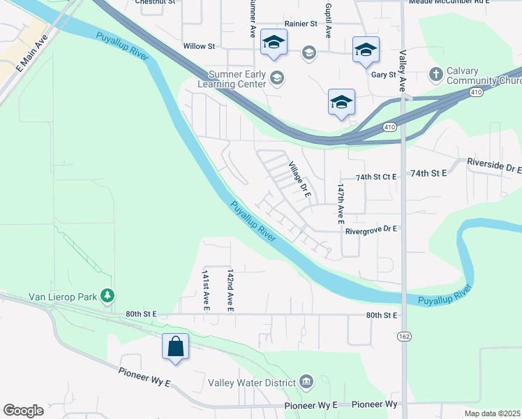 map of restaurants, bars, coffee shops, grocery stores, and more near 7417 144th Avenue East in Sumner