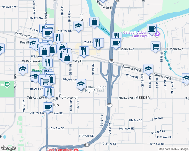 map of restaurants, bars, coffee shops, grocery stores, and more near 359 7th Street Southeast in Puyallup