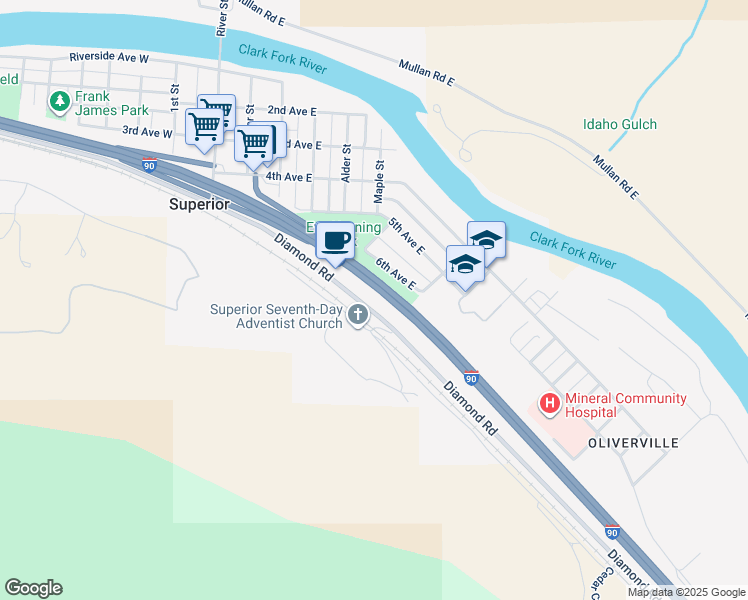 map of restaurants, bars, coffee shops, grocery stores, and more near Railroad Road in Superior