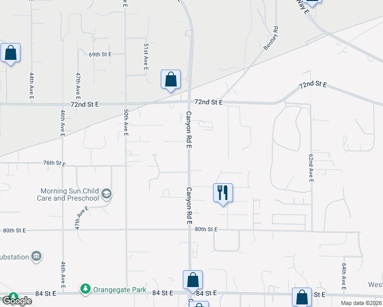 map of restaurants, bars, coffee shops, grocery stores, and more near 7509 Canyon Road East in Puyallup