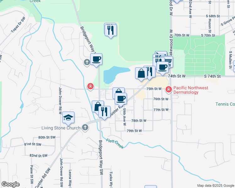 map of restaurants, bars, coffee shops, grocery stores, and more near 7518 59th Avenue West in Lakewood