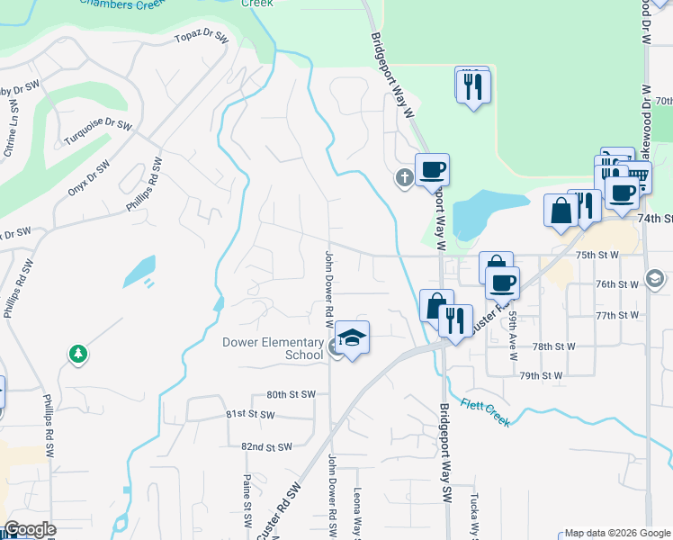 map of restaurants, bars, coffee shops, grocery stores, and more near 7527 John Dower Road West in Lakewood