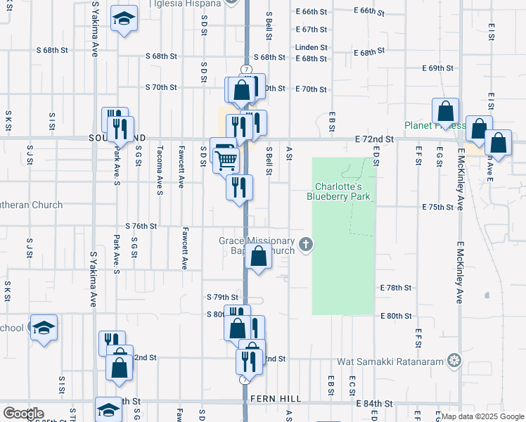 map of restaurants, bars, coffee shops, grocery stores, and more near 7444 South Bell Street in Tacoma