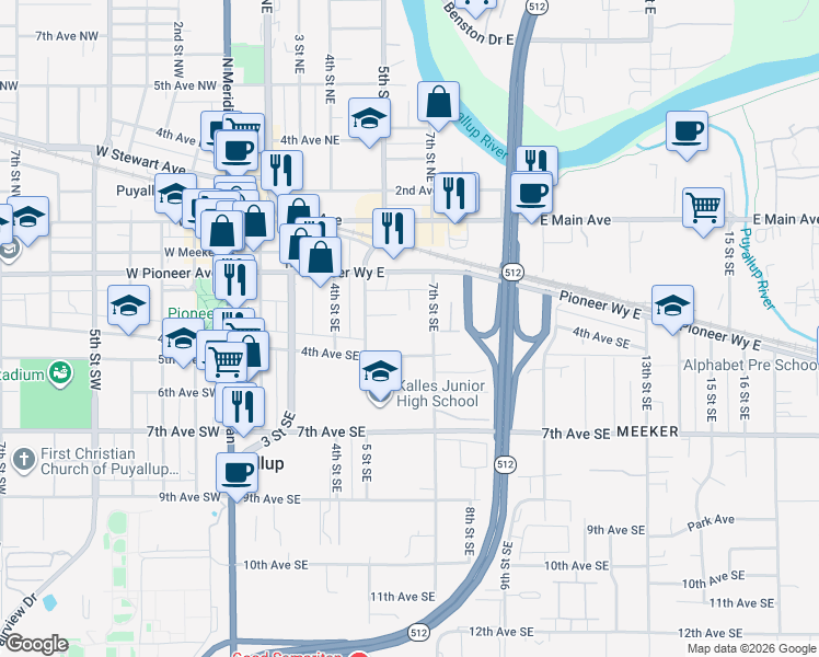 map of restaurants, bars, coffee shops, grocery stores, and more near 344 7th Street Southeast in Puyallup