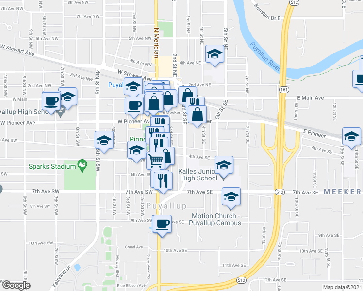 map of restaurants, bars, coffee shops, grocery stores, and more near 344 3rd Street Southeast in Puyallup