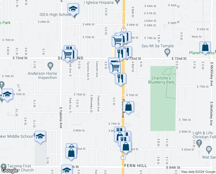 map of restaurants, bars, coffee shops, grocery stores, and more near 305 South 76th Street in Tacoma