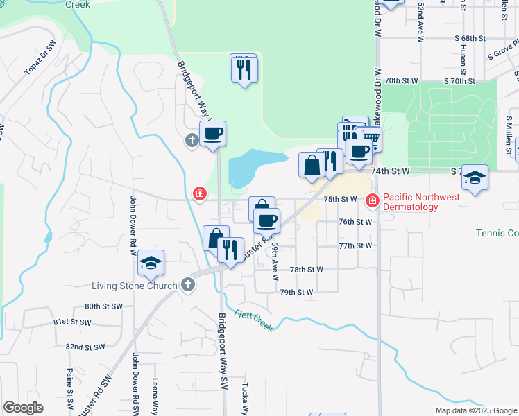 map of restaurants, bars, coffee shops, grocery stores, and more near 7518 59th Avenue West in Lakewood