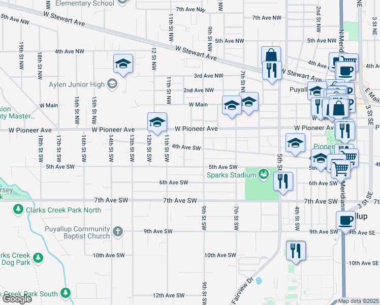map of restaurants, bars, coffee shops, grocery stores, and more near 425 10th Street Southwest in Puyallup