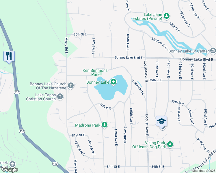 map of restaurants, bars, coffee shops, grocery stores, and more near in Bonney Lake