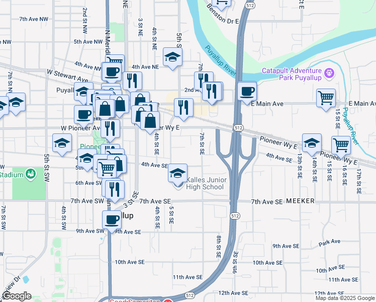 map of restaurants, bars, coffee shops, grocery stores, and more near 515 4th Avenue Southeast in Puyallup