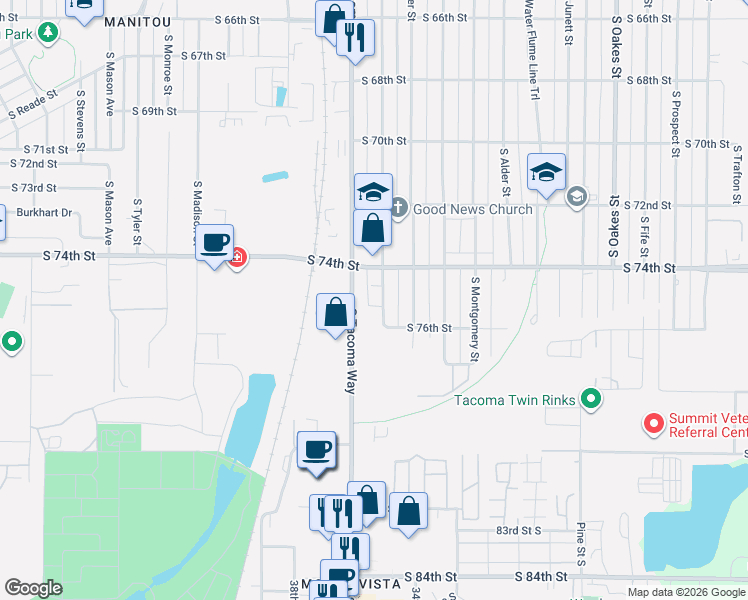 map of restaurants, bars, coffee shops, grocery stores, and more near 7444 South Puget Sound Avenue in Tacoma