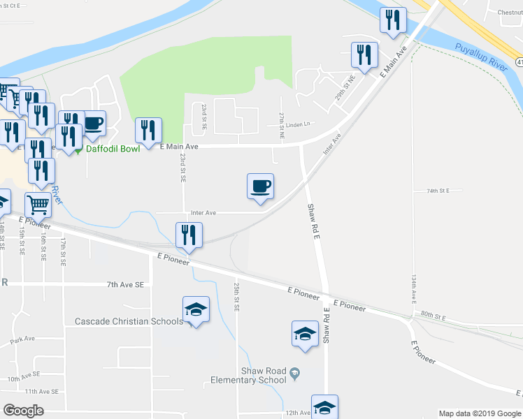 map of restaurants, bars, coffee shops, grocery stores, and more near 2533 Inter Avenue in Puyallup