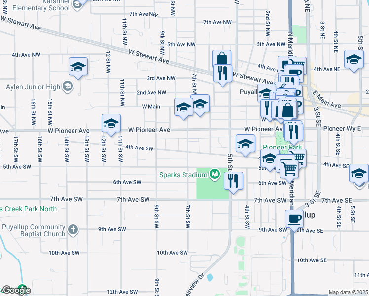 map of restaurants, bars, coffee shops, grocery stores, and more near 632 West Pioneer Avenue in Puyallup