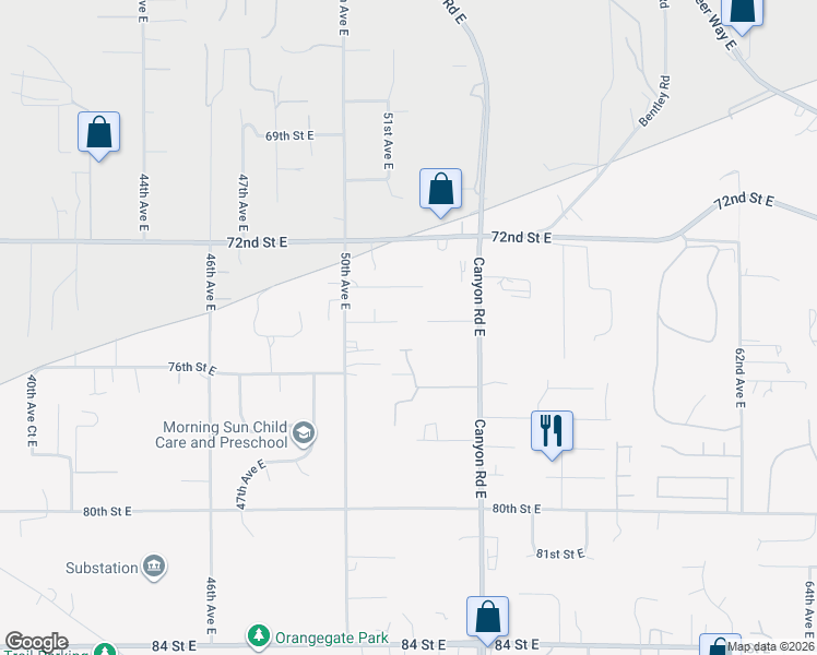 map of restaurants, bars, coffee shops, grocery stores, and more near 5205 74th Stct East in Tacoma