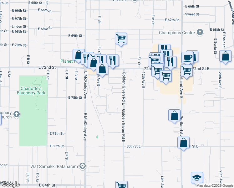 map of restaurants, bars, coffee shops, grocery stores, and more near 1021 74th Street East in Tacoma