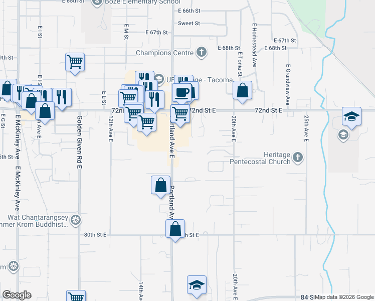 map of restaurants, bars, coffee shops, grocery stores, and more near 1707 74th Street Court East in Tacoma