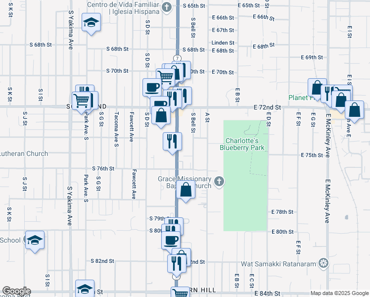 map of restaurants, bars, coffee shops, grocery stores, and more near 7411 Pacific Avenue in Tacoma