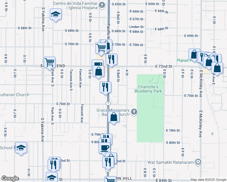 map of restaurants, bars, coffee shops, grocery stores, and more near 7402 South Bell Street in Tacoma