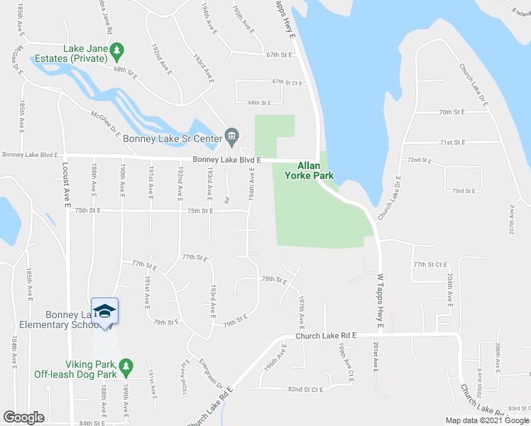 map of restaurants, bars, coffee shops, grocery stores, and more near 7320 194th Avenue East in Bonney Lake