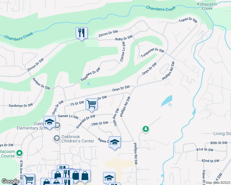 map of restaurants, bars, coffee shops, grocery stores, and more near 7609 Jade Drive Southwest in Lakewood